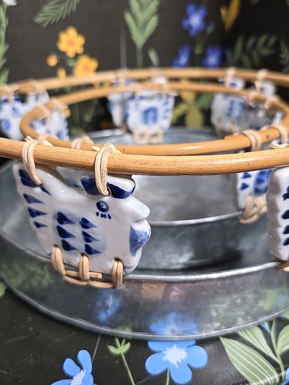Basket With Blue and White Porcelain Chickens Galvanized Steel Base Set Of 2